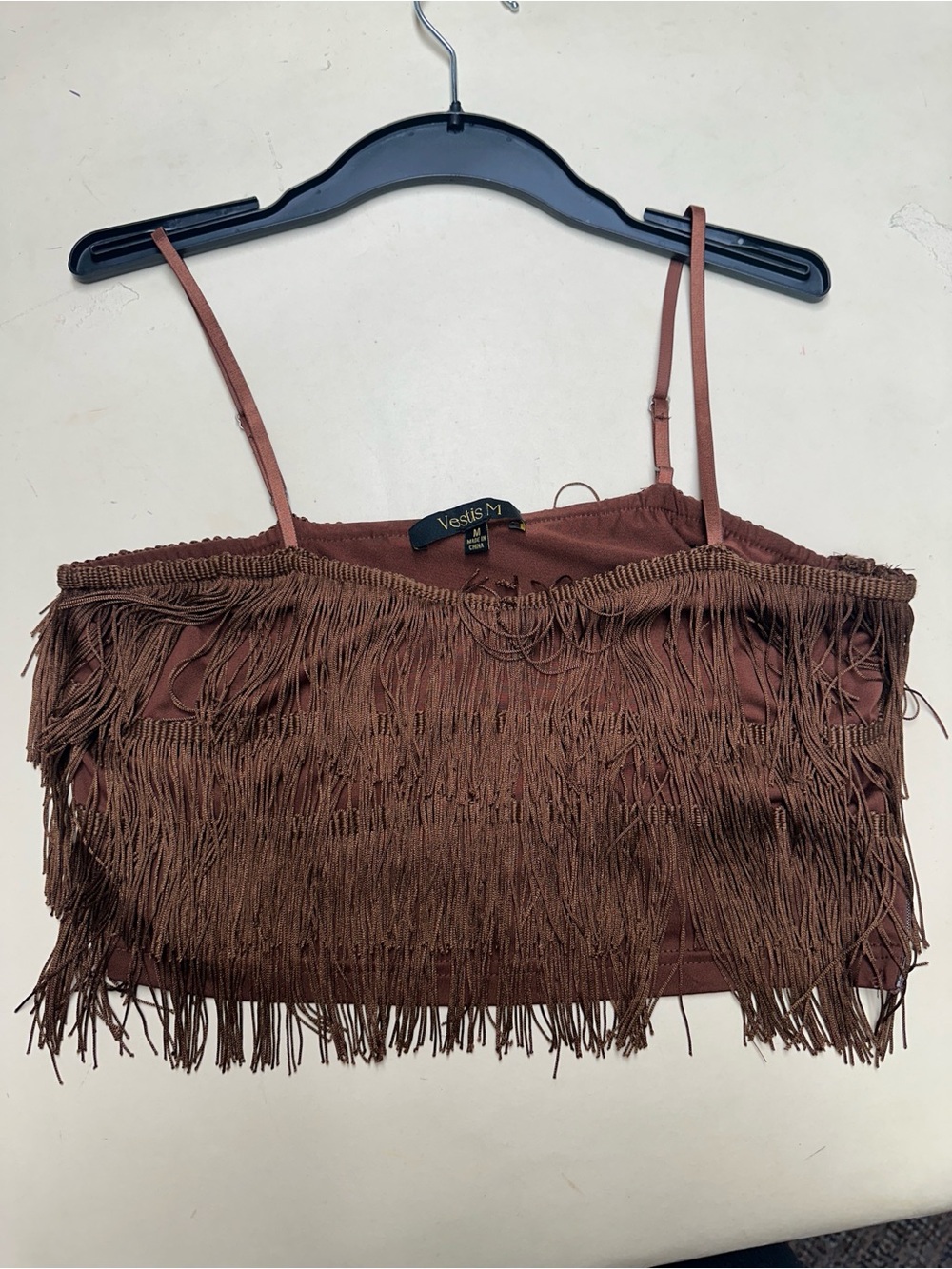 Vesti Brown Fringe Spaghetti-Strap Crop Top